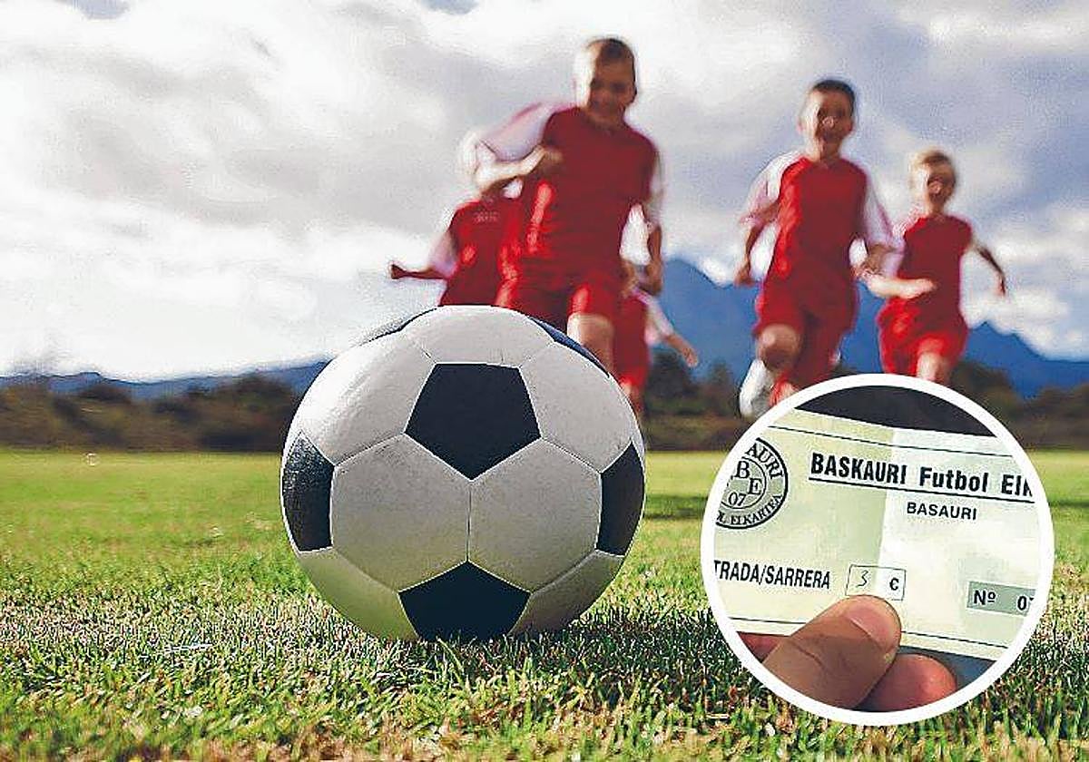 Varios niños ajenos a la información corren a por un balón, en el transcurso de un entrenamiento. En pequeño, imagen de una de las entradas que el Baskauri cobró.