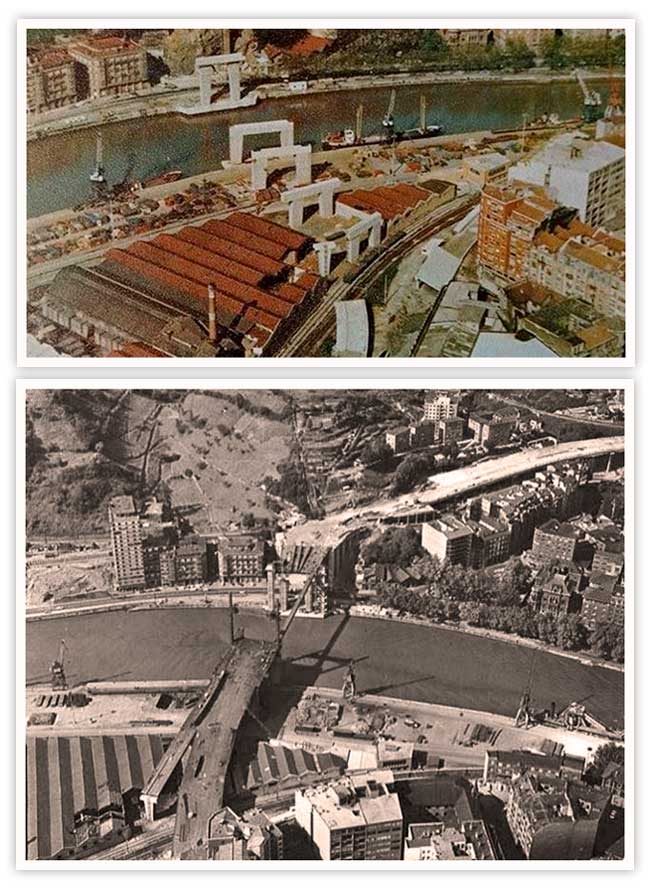 Dos imágenes de la construcción del puente.
