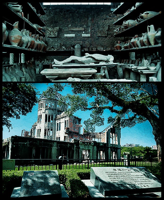 Arriba, los restos de quienes fueron atrapados por la lava tras la erupción del Vesubio en Pompeya. Abajo, las proximidades de la 'zona 0' en Hiroshima. Ambos lugares poseen un enorme magnetismo para los turistas
