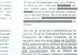 Imagen del apercibimiento recibido por un conductor por supuesto exceso de ruidos.