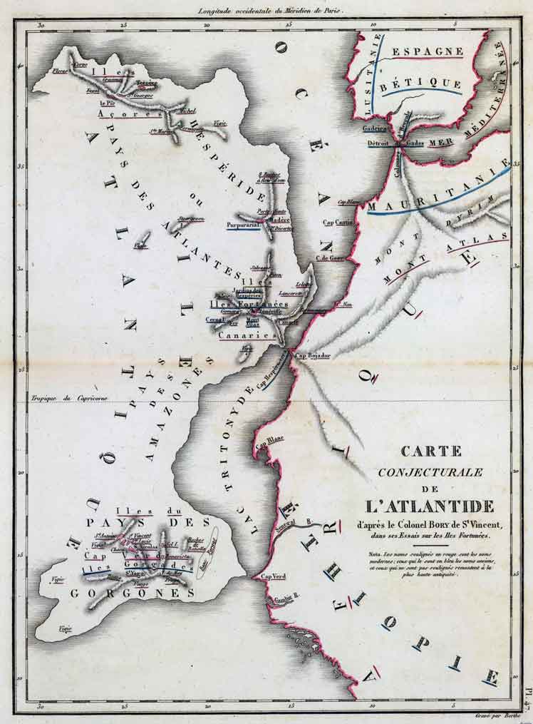 'Mapa conjetural de la Atlántida' (1827), dibujado por el militar y geógrafo francés Jean-Baptiste Bory de Saint-Vincent. Colección de Mapas Históricos de David Rumsey