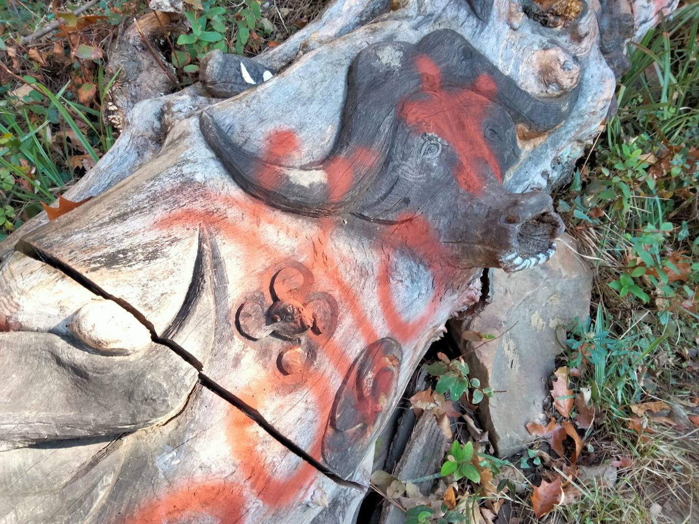 Cabeza de un búfalo tallada en un tronco.