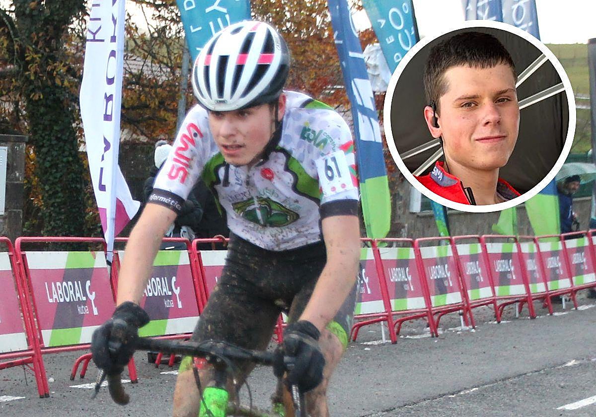 Iñigo Díaz, a la izquierda, en una prueba de ciclocross, disciplina con la que se ejercitaba en invierno. En detalle, con el maillot de su escuadra, Sima-Cepial.