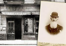 Entrada de la antigua Pastelería Suiza en Correo número 3 y retrato de Francesco Matossi (Archivi Valposchiavo).