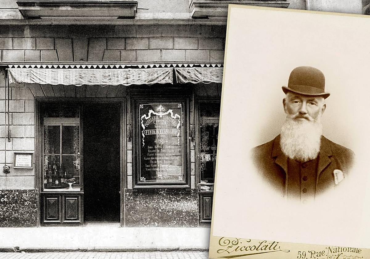 Entrada de la antigua Pastelería Suiza en Correo número 3 y retrato de Francesco Matossi (Archivi Valposchiavo).