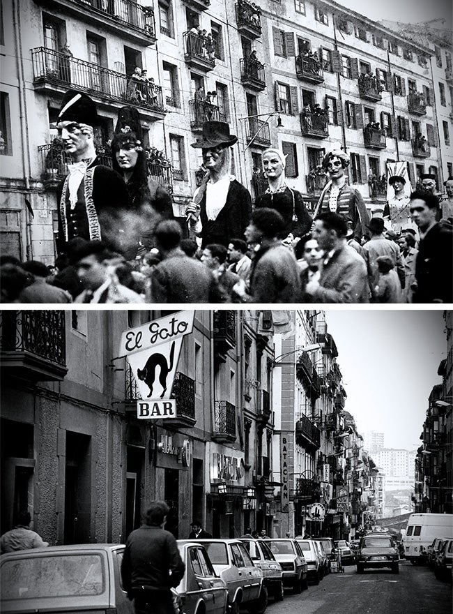 El barrio bilbaino de San Francisco, donde se situaba 'La Palanca', era un lugar de bohemia, vibrante, festivo y lleno de cabarés, bares, cines y prostíbulos. Arriba, 'los gigantes' desfilan por la Calle San Francisco en 1935. Abajo, el aspecto siniestro del mismo lugar tras su decadencia en los 70-80.