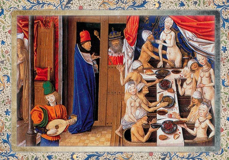 En esta 'Escena de una casa de baños' del Maestro Antonio de Burgundy datada en 1470 se muestra un baño público en el que hombres y mujeres comen y disfrutan de la música mientras se bañan.