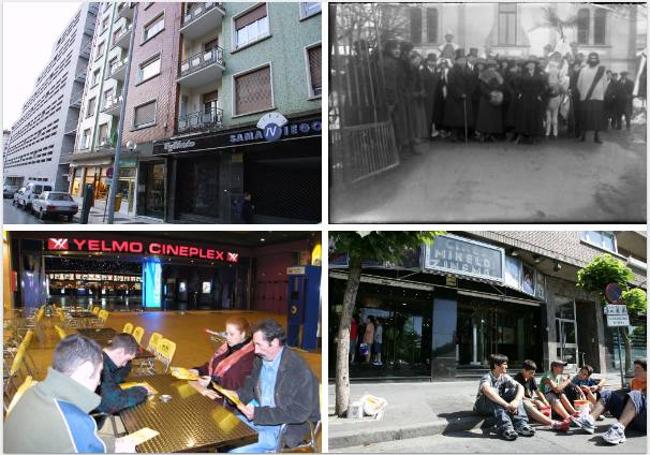 Acceso a los Minicines Samaniego, en 2002. La cabalgata de Reyes de 1919, ante el Teatro Circo. Unas personas aguardan ante los Cines Yelmo (2002). Aspecto de los Cines Mikeldi en su última etapa, en 2005.