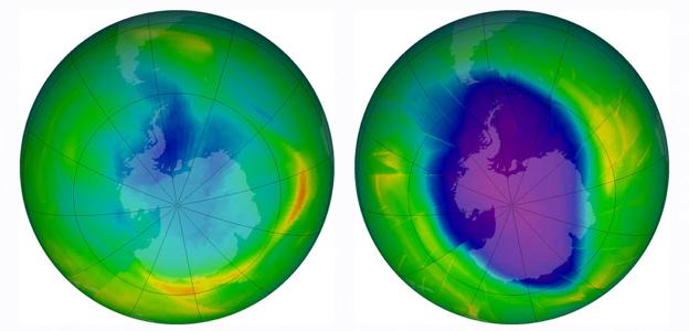 La capa de ozono en 1979 y 2009, en una imagen de la NASA difundida ayer.