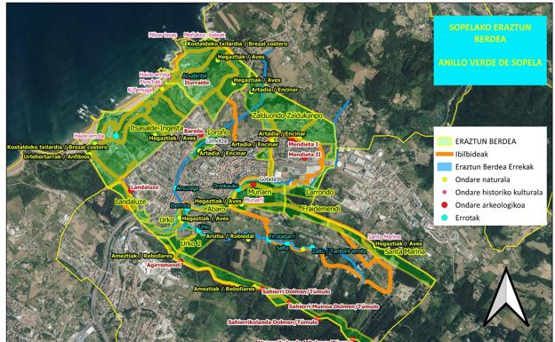 Los lugares señalados en verde conforman el actual Anillo Verde de Sopela. 