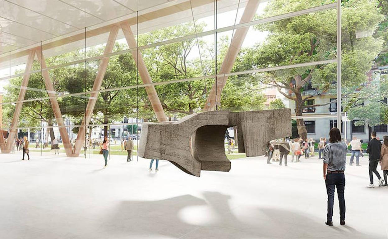 Recreación del atrio acristalado del nuevo museo, con la escultura de Chillida colgada en un espacio central.