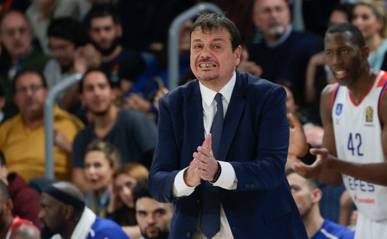 El incombustible Ergin Ataman anima a sus jugadores en un partido. 