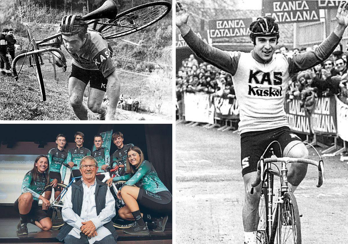 Arriba, el ciclista de Luyando logró con el KAS sus mayores éxitos en el barro en los años 70. A la derecha, aunque le gustaba más el ciclocross, era habitual verle también en citas de carretera. Abajo, en octubre estuvo en la presentación del equipo de Ruiz de Larrinaga.