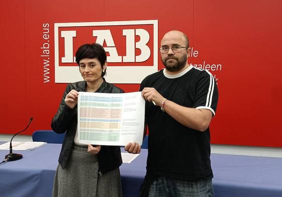 Garbiñe Aranburu y Jesús Oñate, en la sede de LAB con la documentación recabada.