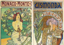 Anuncio para la compañía ferroviaria PLM Monaco-Montecarlo (1897), cartel de 'Gismonda' (1894) y el artista trabajando en 1896.