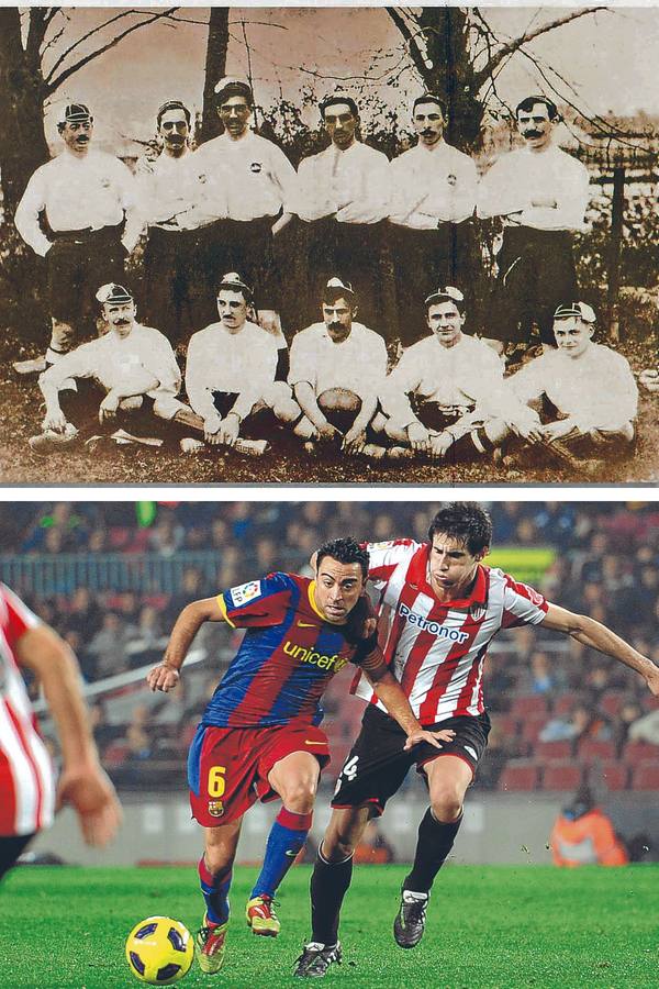 Imagen - Arriba, 15-05-1902. El Bizcaya ganó 2-1 la final de la Copa Coronación que le enfrentó al Barcelona en Madrid. El Bizcaya era un combinado formado por el Athletic y el Bilbao Football Club. Al año siguiente el Bilbao F. C. fue absorbido por el Athletic, que reivindica este título como su primera Copa, pero la Federación no lo ha reconocido aún. Abajo, 5-01-2011. El Athletic cayó eliminado con todos los honores ante un Barcelona que acabó pidiendo la hora (1-1 en la vuelta, 0-0 en el Nou Camp). Se vivió una gran noche en San Mamés. El equipo de Caparrós se fue del campo con la cabeza muy alta.