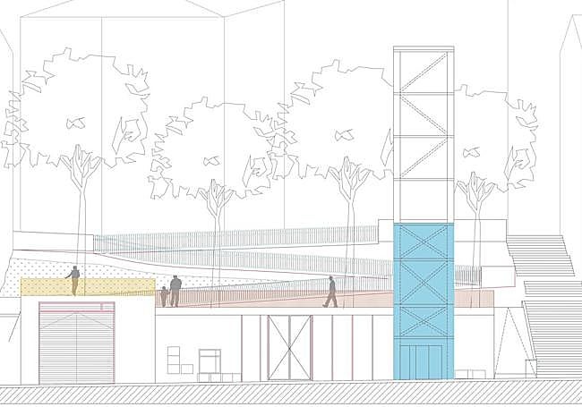 Plano de cómo quedará la plaza con el ascensor desde la calle Txabarri.