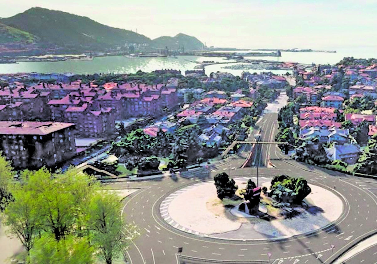 Recreación del acceso al futuro túnel subfluvial por el extremo de la rotonda de Artaza, en Getxo.