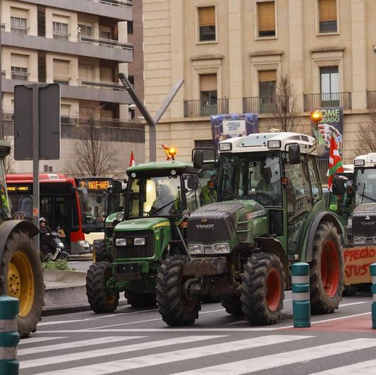 Tractores de los viticultores alaveses entran este jueves en Logroño.