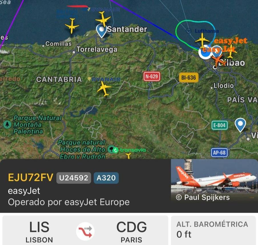 Ficha de seguimiento del avión que ha aterrizado en Loiu de urgencia.