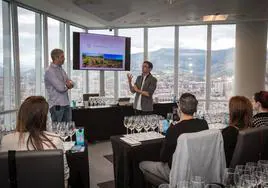 Javier Murúa y Raúl Igual durante la presentación de los vinos en la Torre Iberdrola.