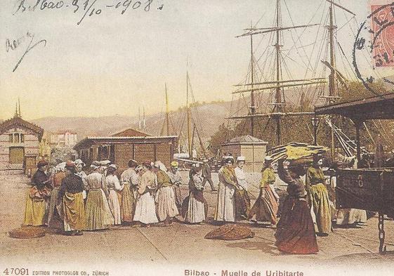Cargueras en Uribitarte en 1908, en una postal emitida en Suiza.