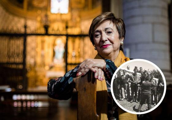 Estíbaliz Delgado, directora de la Coral Manuel Iradier. En el detalle una imagen del origen de la formación en 1961.