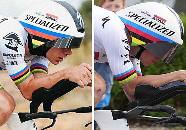 Evenepoel en una de las cronos de inicio de temporada y ayer en la Itzulia.