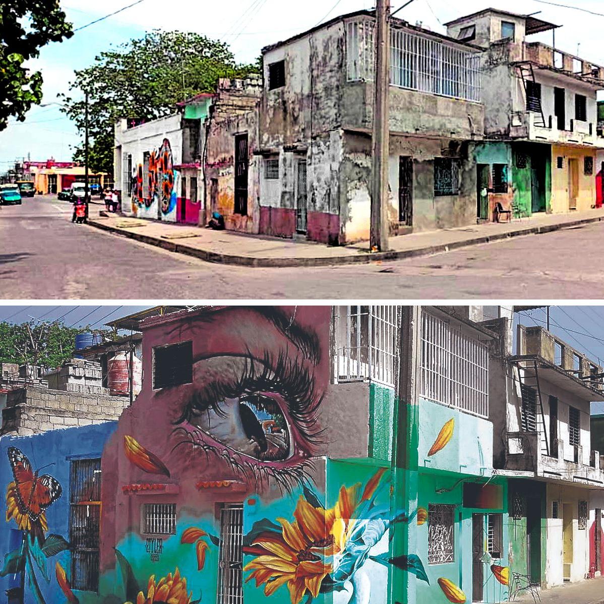 Imagen del antes y después de un edificio de Cienfuegos donde ha pintado un mural el artista portugués Styler.