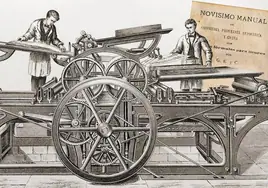 Grabado con una máquina de imprenta y portada del 'Novísimo manual de confitería' (Vitoria, 1891).
