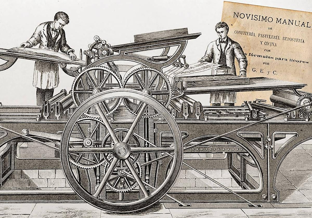 Grabado con una máquina de imprenta y portada del 'Novísimo manual de confitería' (Vitoria, 1891).
