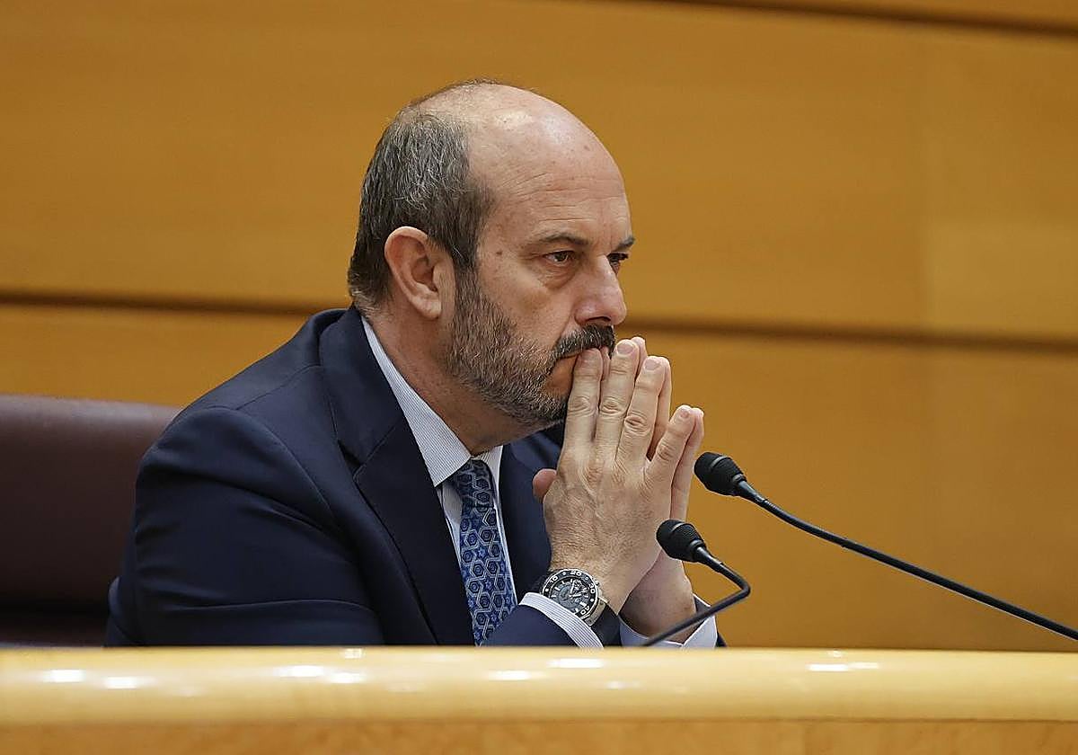 El presidente del Senado, Pedro Rollán, durante su intervención en el pleno del Senado.