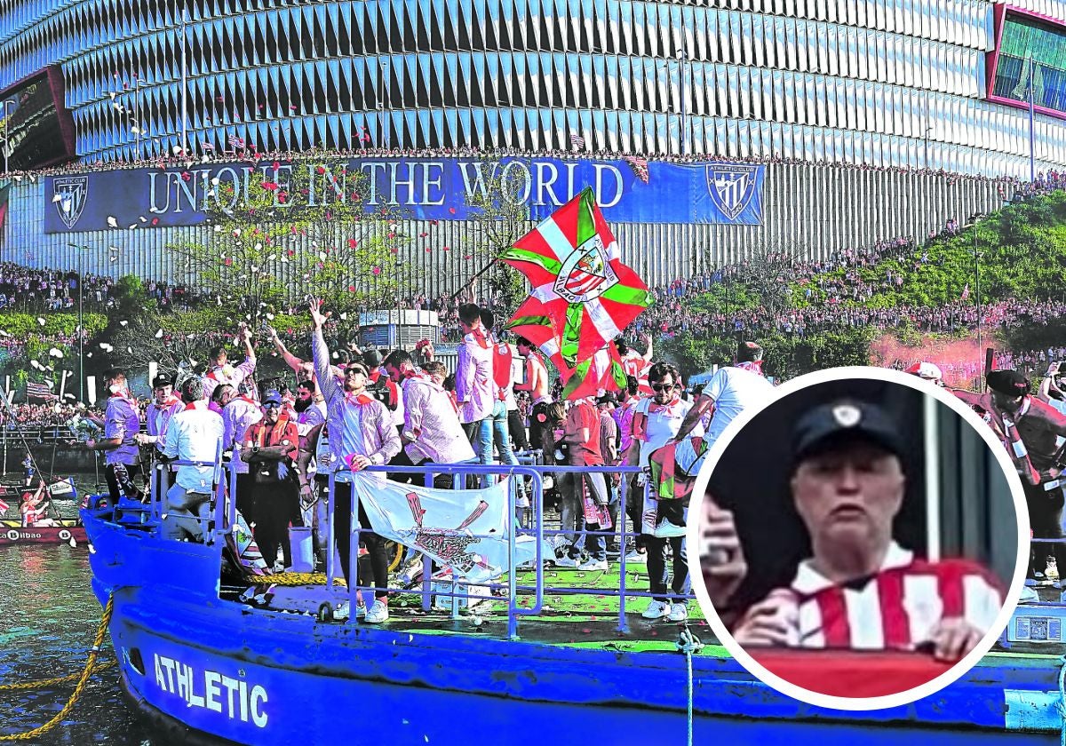 La gabarra se detuvo a la altura de San Mamés para homenajear a los athleticzales fallecidos. Los jugadores lanzaron a la ría pétalos de rosas rojas y blancas. En el recuadro, Gerardo Flores el jueves en Bilbao.