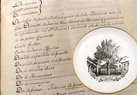 Una de las páginas del 'Ceremonial de funciones del M.N. y M.L. Señorío de Vizcaya' (cortesía librería Astarloa) y plato con el árbol de Gernika.