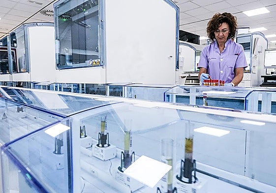 Cada coche traslada una muestra por un sistema de raíles.