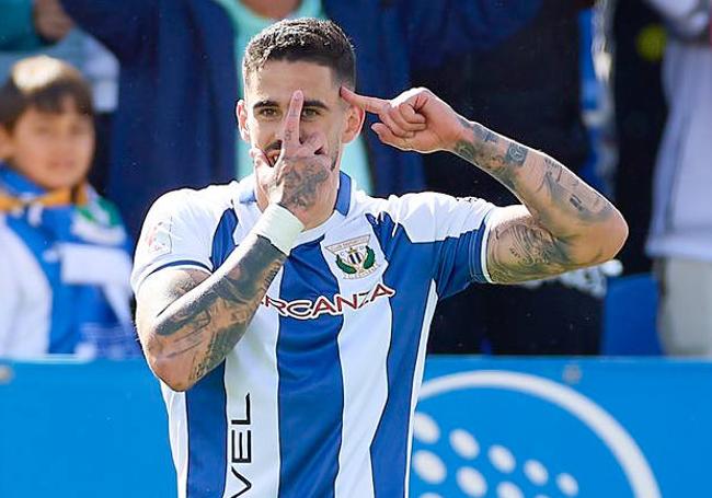 Miguel celebra el gol que marcó al Zaragoza.