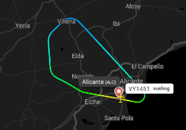 Imagen de la trayectoria que ha seguido el efímero vuelo Alicante-Bilbao, obligado a aterrizar por una urgencia médica.