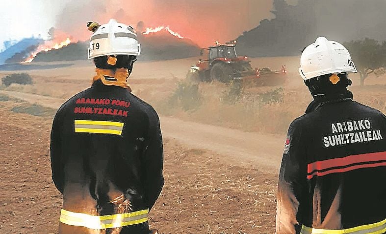 Bomberos forales durante un incendio forestal.