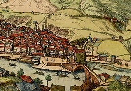 La representación gráfica más antigua de Santa María de Begoña está en la vista de Bilbao de la obra 'Civitates orbis terrarum' (1572), arriba a la derecha.