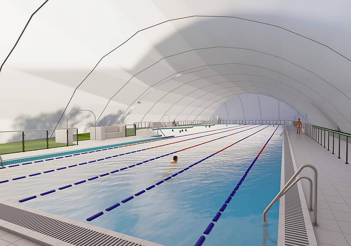 Recreación de la estructura que se utilizará para cubrir la piscina exterior familiar durante el invierno.