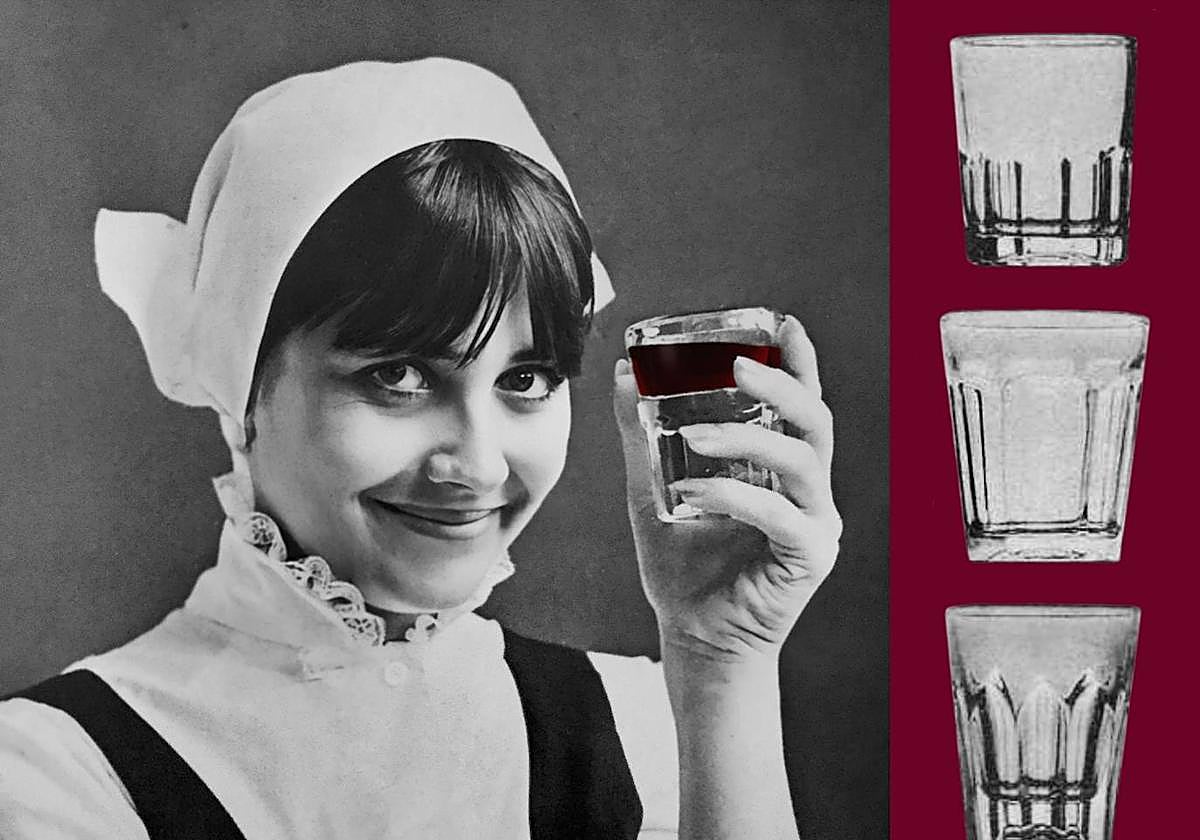 Fotografía de la revista 'Ama' (1972) y tres modelos de vasos bilbaínos incluidos en el catálogo de 1888 de la vidriera Cifuentes y Pola.