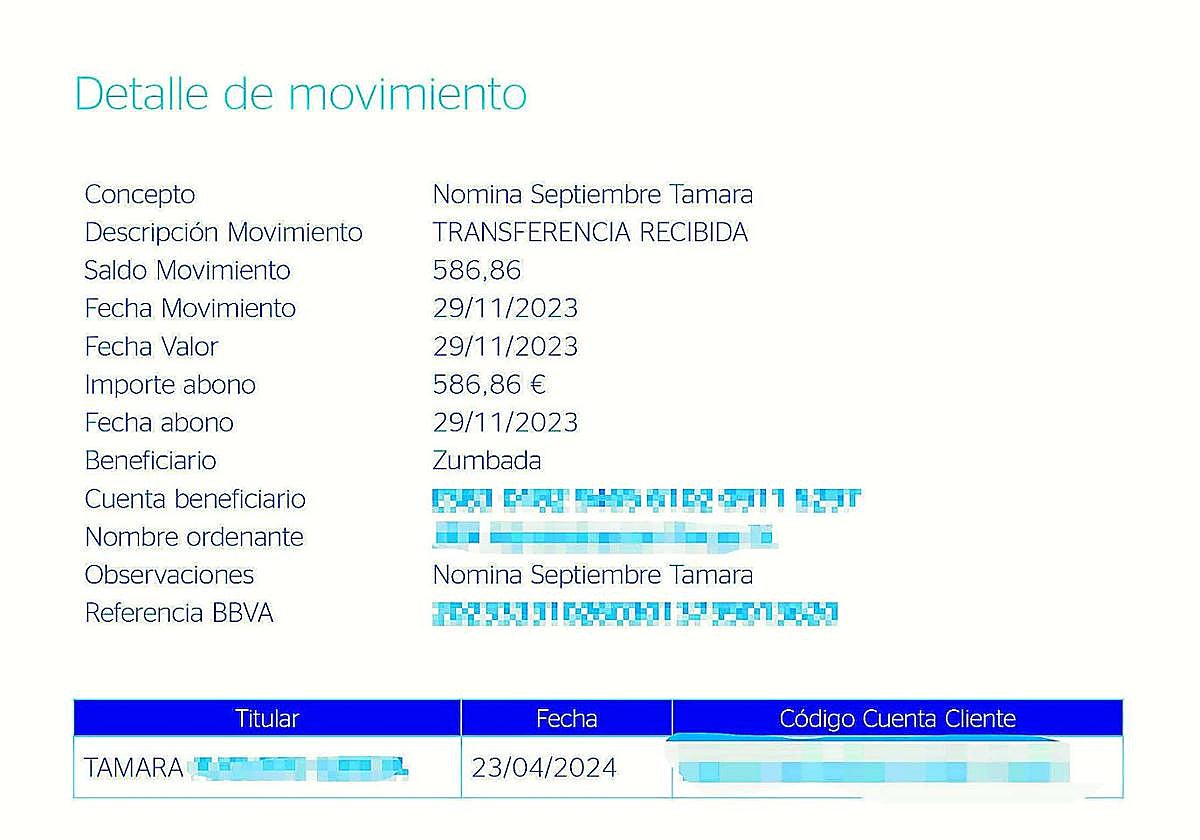 Al descargarse los ingresos, Tamara comprobó que en el concepto de beneficiario se leía 'zumbada'.