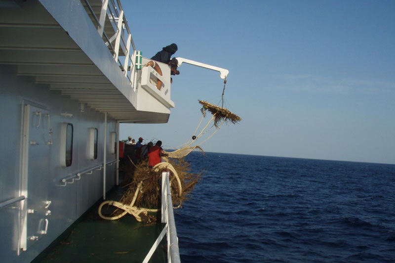 Marineros de un atunero congelador vasco lanzan al agua un dispositivo FAD o agregador de peces construido con material sostenible.