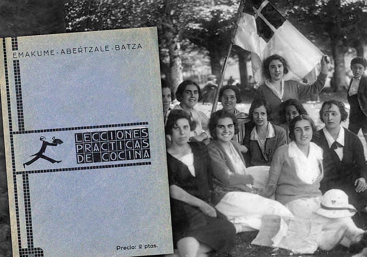 Portada de 'Lecciones prácticas de cocina' y fotografía de un grupo de afiliadas de EAB en Vitoria.