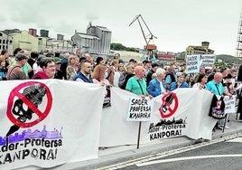 Colectivos vecinales y sociales exigen el traslado de las industrias de Agaleus, al fondo de la fotografía, en la manifestación de la semana pasada.