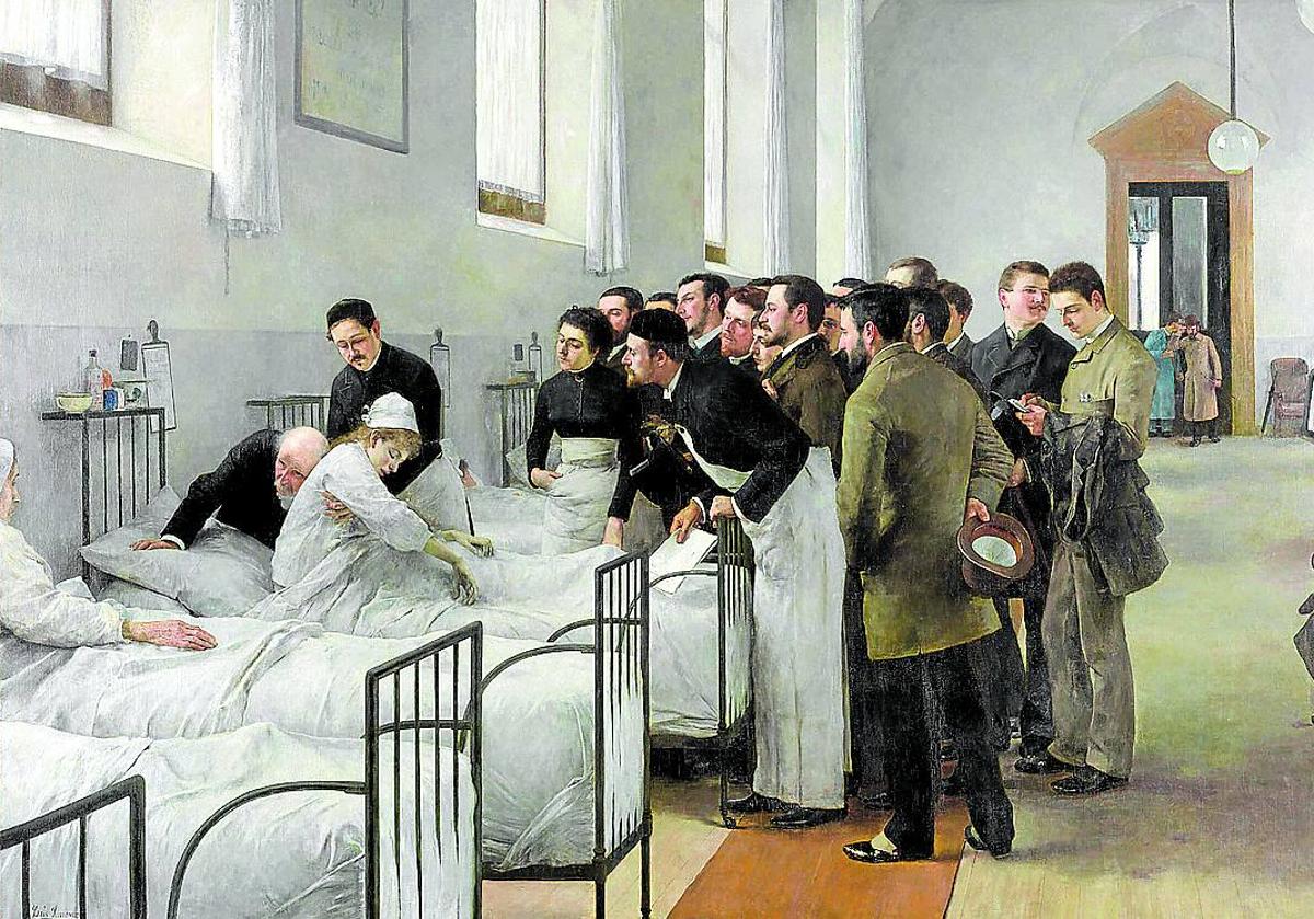 Imagen principal - 1. 'Una sala del hospital durante la visita del médico jefe' (1889), de Luis Jiménez Aranda. 2. 'En la artesa' (1898), escultura fundida en bronce de Pablo Gargallo. 3. 'El cho' (1887), de Adolfo Guiard, es uno de los cuadros cedidos por la pinacoteca bilbaína a la exposición del Prado.