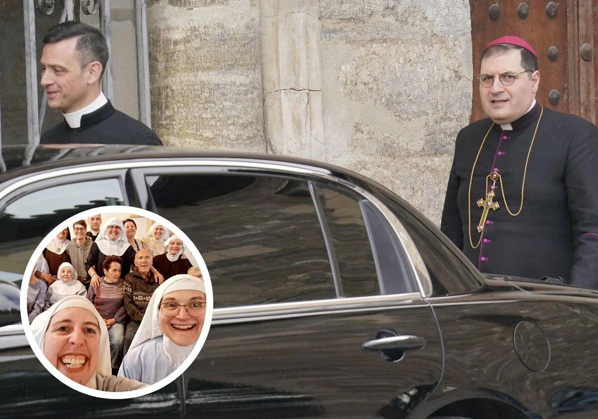 En la imagen, el cura coctelero, José Ceacero, junto al obispo Pablo Rojas. En el detalle, las monjas excomulgadas de Belorado.
