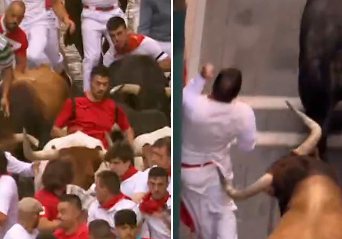 Las dos caras del encierro: un mozo brilla en Estafeta rodeado de la manada y otro se salva de una clara cornada