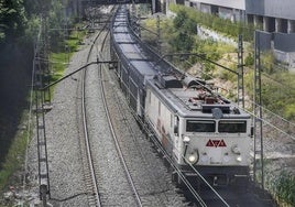 Un tren de mercancías a su paso por Vitoria.