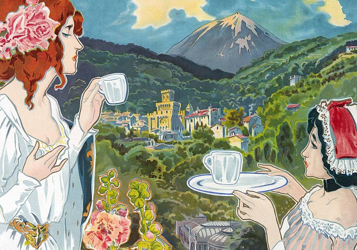 Detalle del cartel promocional de una estación termal francesa, 1900.